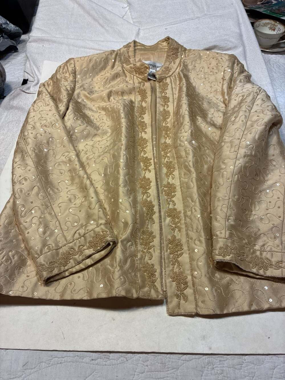Bloomingdale's Gold Silk Blend Beaded Sequined Open Front Jacket Size 14